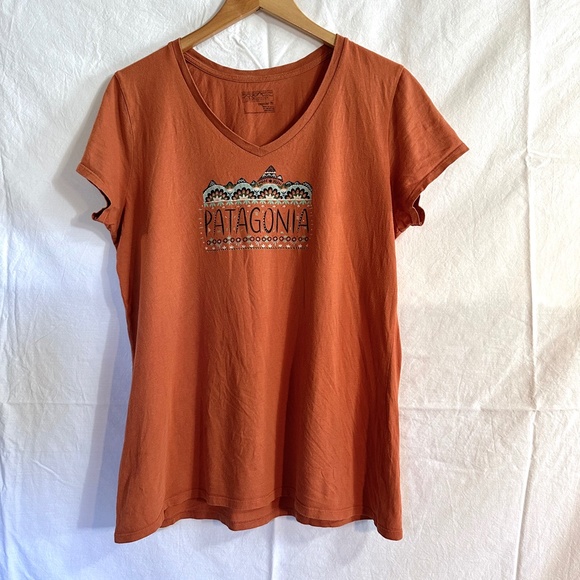 Patagonia Fitz Roy Graphic Short Sleeve V Neck Tee Shirt - L - Picture 4 of 16